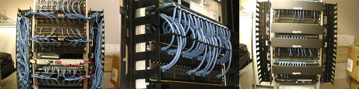Before-and-after rack comparison showing congested and organized network cabling
