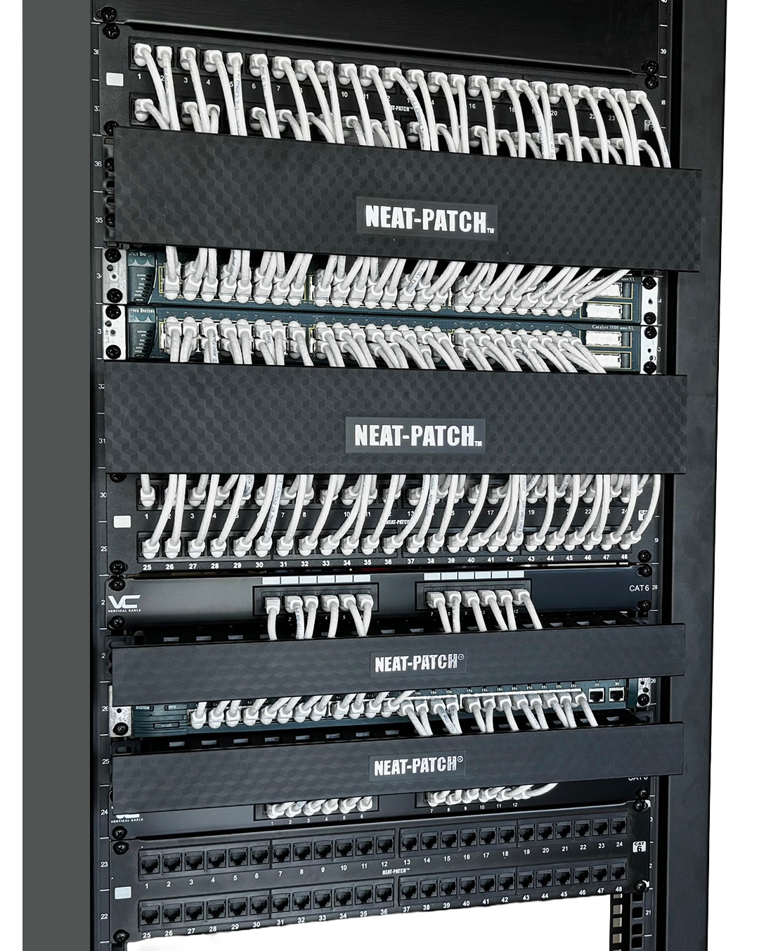 Neat-Patch rack with repeatable 2-foot patch-cable routing through horizontal managers